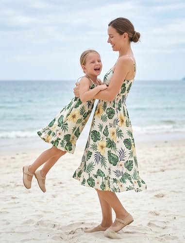 Image of AWIBMK Hawaiian Family Matching Outfits Mother Daughter Tropical Dresses Father Son Shirts for Beach Vacation Luau Party