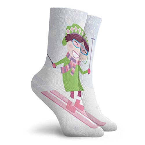 Sports Fashion Compression Socks,Skiing Girl On Snowy Hill Joy,Performance Polyester Cushioned Athletic Crew Socks for Running,Athletic,Multicolor -12 inch2