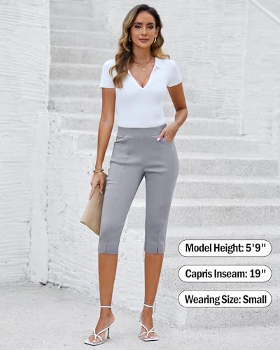 GRAPENT Capri Pants for Women High Waisted Pull On Elastic Waist Dressy Casual Stretchy Capris Trousers Pants Pockets3