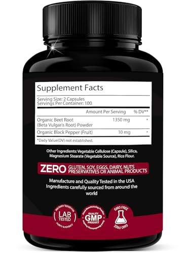 Organic Beet Root Beet Capsules 1350 mg 200 Veggie caps Superfood Nitric Oxide Strongest Premium Supplement Natural Nitrates | Black Pepper for Best Benefits | Non-GMO, & Gluten-Free | Made in USA