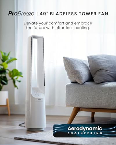Pro Breeze® Silent Bladeless Portable Tower Fan - Ultra Quiet Standing Air Circulator with Remote Control, Timer, 6 Speeds & LED Display - Image 2