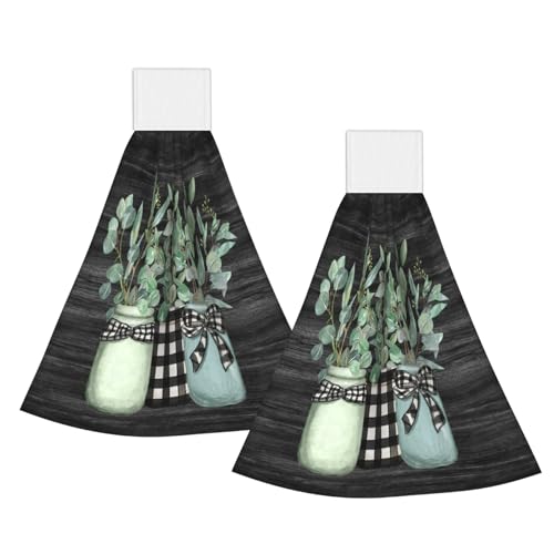 Giwawa Eucalyptus Leaves Kitchen Towels 2 Pack Leaf Vase Soft Dish Cloths with Hanging Loop Fingertip Bath Tie Towel Bathroom Tabletop Decoration