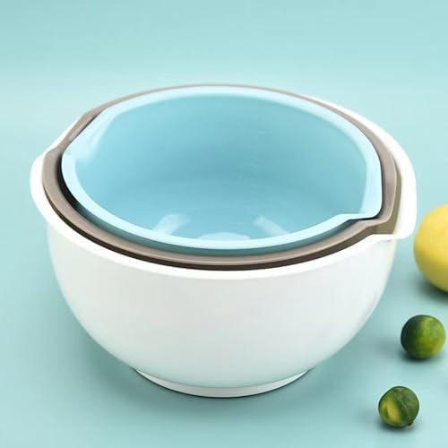 Set of 3 Mixing Bowls with Pour Spout-Nesting Design Saves Space - Non-Slip, BPA Free, Dishwasher Safe Plastic - Kitchen Cooking and Baking Supplies (Blue Grey white) - Thumbnail 3