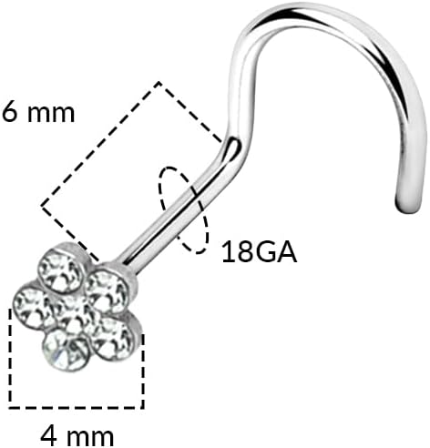 Luxe Modz 316L Surgical Steel 20G 18G Nose Screw Studs Rings Paved CZ Flower Corkscrew Nostril Piercing Jewelry for Women Men 1/4 Inch (6mm)