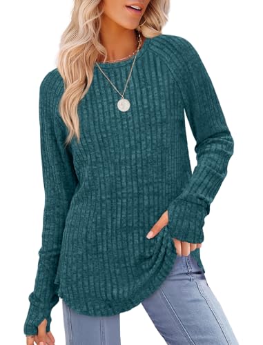 Image of Aokosor Womens Lightweight Jumpers with Thumbholes Long Sleeve Tops Ladies Curved Hem Tunic for Leggings Size 26-28 Peacock Blue