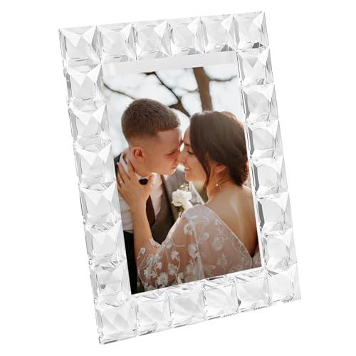 Luxury Crystal Picture Photo Frame Grid Diamond Craft Crystal Wedding Frame of Keepsake Photo Frames Tabletop Display Decor Frame Clear with Gift Box (5 x 7)