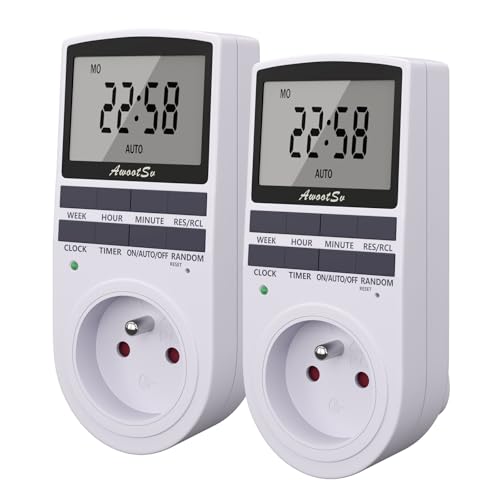 Awootsv Prise Programmable Digitale Minuterie Numérique Journalier/Hebdomadaire Programmateur Prise Electrique avec Ecran LCD et Mode Aléatoire (2 Pack)