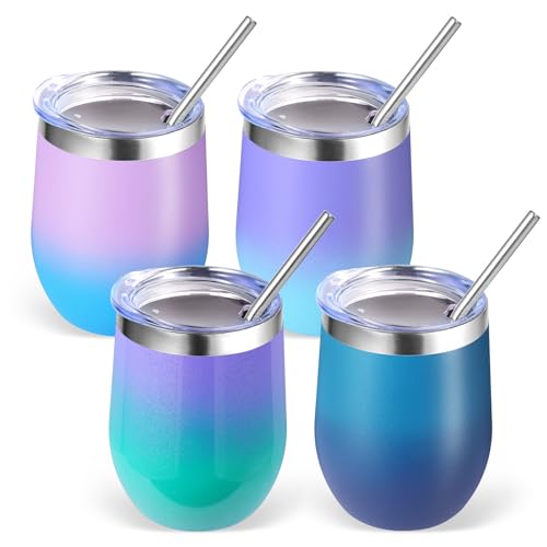 Volhoply 12oz Stainless Steel Wine Tumbler with Lid Bulk 4 Pack