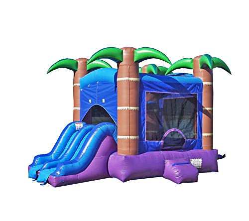 HeroKiddo Tropical Breeze Inflatable Bouncer with Dual Slides 100% Commercial PVC Vinyl (Blower Included), Purple/Blue/Green/Brown- Without Pool, 13’x17′