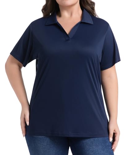 Women’s Plus Size Polo Shirts UPF 50+ Short Sleeve V Neck Collared Tops Golf Tennis Casual Work T-Shirts, Navy Blue, 5X-Large Plus