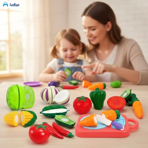 Image of FunBlast Vegetables Play Set Toys - 13 Pieces Realistic Sliceable Cutting Vegetable Pretend Play Kitchen Toys for Kids, Play Food Toys, Vegetable Toys with Chopping Board & Knife (Multicolor)