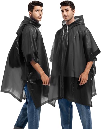 Borogo 2 Pack Reusable Black Rain Ponchos for Adults – Heavy Duty Emergency Raincoats with Drawstring Hood - Image 2