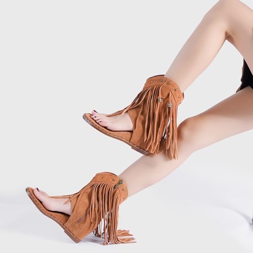 Image of Women's Bohemian Tassel Gladiator Sandals Brown Suede Thong Flip Flops for Fringe Summer Wedge Heel Sandal with Rivets Western Shoes