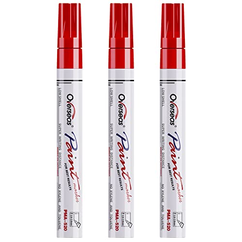 Overseas Permanent Paint Markers Pens - 3 Pack Red Oil Based Paint Pens, Medium Tip, Quick Drying And Waterproof Marker Pen For Metal, Rock, Wood, Fabric, Plastic, Canvas, Mugs, Stone, Glass