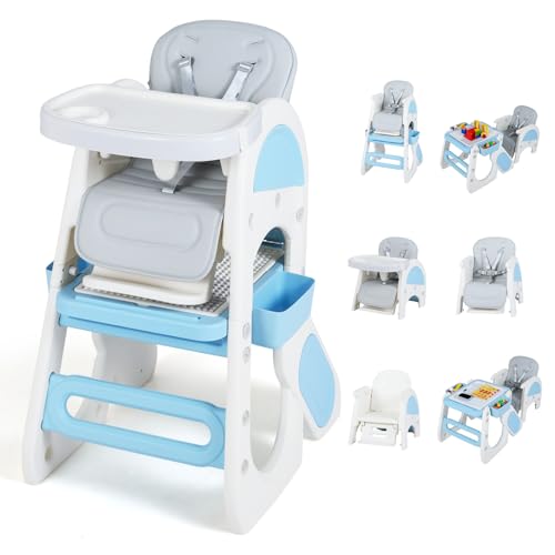 Image of INFANS 8 in 1 Baby High Chair, Converts to Kids Table and Chair Set, with Drawing Whiteboard Building Block Tabletop, Suitable for Dinning Studying Playing