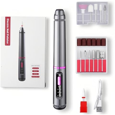 Electric Nail File, Cordless Nail Drill Kit with 12 Drill Bits and 6 Sanding Bands, 3 Speeds Nail Filer Electric Machine for Grinding Polishing Trimming (Grey) Cover