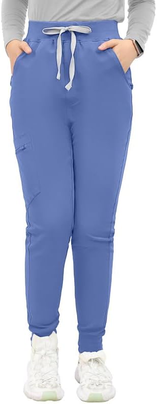 High Waisted Scrub Pants for Women – 4-Way Stretch Anti-Wrinkle Medical Slim Fit Jogger Pants, Drawstring & 5 Pockets
