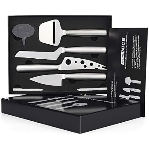 WoneNice Cheese Knives and Slate Markers Set - Collection Cheese Knife Gifts Set with 3 Long Handle Stainless Steel Cheese Knife & 1 Cheese Slicer & 3 Cheese Markers and 2 Soapstone Chalks Cover