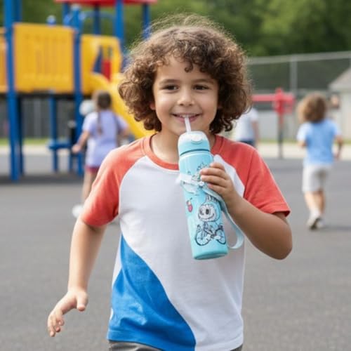 Image of Cartoon Printed Plastic Water Bottle for Kids Leak Proof Flip Cap Sipper Bottle with Strap School Drinking Bottle for Boys Girls Travel Office Use 900 ML (Green)
