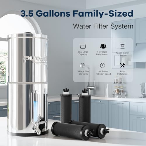 Purewell 3.5G Family-Sized Gravity Water Filter System, 3-Stage 0.01μm Ultra-Filtration Stainless Steel Countertop System with 4 Filters and Stand, Reduce 99% Chlorine, PW-3.5G