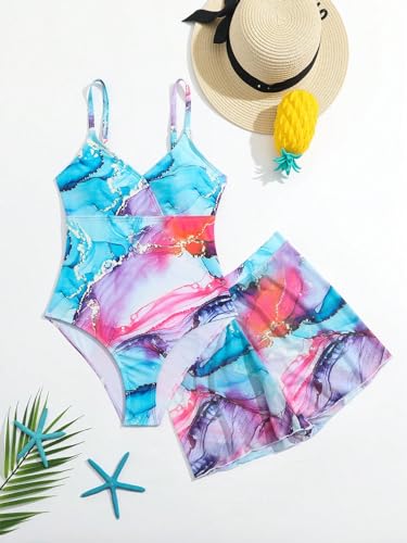 Image of WDIRARA Girl's 2 Piece Swimsuit Sport Marble Print One Piece Bathing Suit with Beach Cover up Shorts