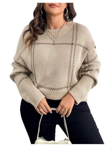 MakeMeChic Women's Plus Size Sweaters Plaid Print Crew Neck Long Sleeve Knitted Pullover Tops