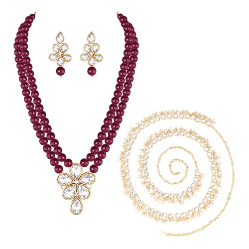 Image of Peora Crystal Faux Pearl Kundan Necklace & Jewellery Set Gift for Women