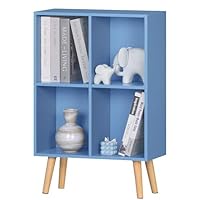 YAHARBO 4 Cube Bookshelf, Blue Small Kids Book Shelf with Cubby Storage,Wooden Modern Bookcase with Legs,2 Tier Freestanding Display Book Case Organizer,Bookshelves for Office,Nursery,Playroom
