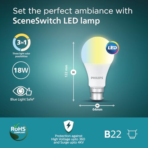 Image of Philips SceneSwitch 18W LED Bulb | 3-in-1 Light Modes CDL-NW-WW | B22 Base | Change Brightness with Wall Switch | Energy Efficient | Pack of 1