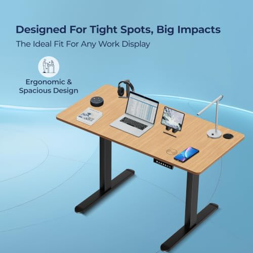Image of The Sleep Company AeroPro Electric Height Adjustable Desk | Ergonomic WFH Table | 4 Memory Presets | Wireless Charging | 2 Yr Warranty | 1200x600 Top | Free Installation | Oak & Black