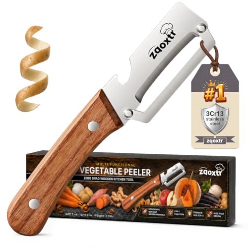 2-in-1 Multifunctional Vegetable Peeler with Non-Slip Wooden Handle & Bottle Opener, Ultra-Sharp Wooden Kitchen Tool for Peeling Various Fruits, Vegetables and & cheese spreader.