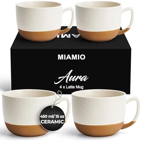 MIAMIO – 15 Ounce, Set of 4 Ceramic Latte Mug – Elegant Modern Coffee Mug Set for Cafe, Latte, Tea, Hot Cocoa - Drinks Dishwasher & Microwave Safe – Perfect for Home and Office – Aura Collection Cover