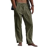 Puimentiua Mens Linen Pants Elastic Waist Drawstring Loose Fit Casual Summer Beach Pants with Pockets Baggy Trousers Army Green-XL