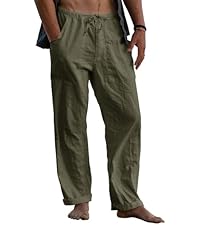Puimentiua Pantalones Lino Hombre Verano Casual Pantalon Anchos Hombre De Lino Y Algodón Transpirables Cómodos Con Cordón Bolsillos Laterales Elegantes Para Vacaciones Playa