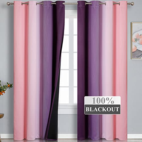 Ombre Pink and Purple Blackout Curtains 96 Inches Long, Full Room Darkening Curtains for Girls Room,Grommet Thermal Insulated Gradient Drapes, Light Blocking Curtains for Bedroom,52x96 Inch, 2 Panels