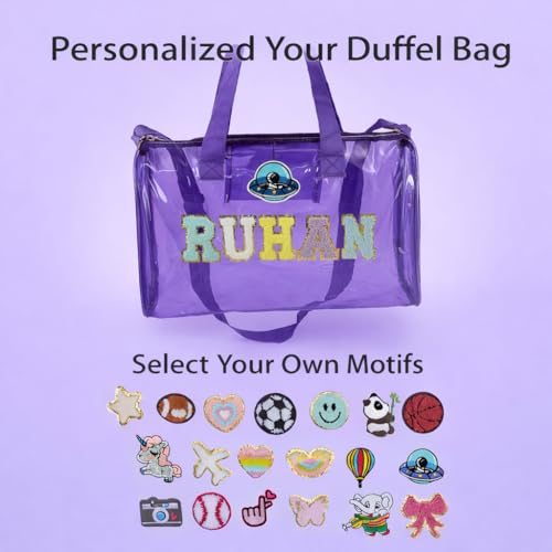 Image of AICA Personalized Name Embroidered Letters & Patch Duffle Bag for Kids Boys & Girls Age 1-18 Years Age Group (Purple) | Gift for Boys Girls Kids