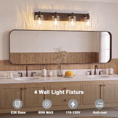 Image of 4-Light Bathroom Light Fixtures Modern ORB Vanity Lights | Easy to Install Clear Hammered Glass Shades, Rippled Glow, Wall Mount Up or Down, E26 Socket, Hardwired, 120V