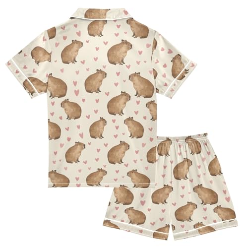 Pink Hearts and Capybara Prints Summer Satin Pajama Set, Cute Button-Down Sleepwear Pj Set for Sleep Wears2