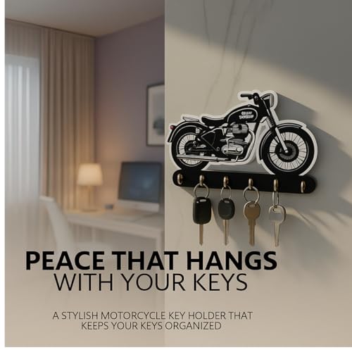 Image of Bike Key Holder for Wall - Royal Enfield Style Wooden Motorbike Key Hanger with 7 Metal Hooks - Wall Mounted Key Stand & Entryway Organizer for Home Decor, Biker Gift