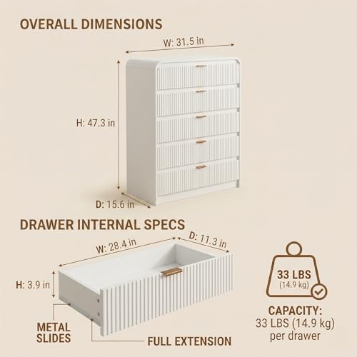 Image of FURSUN Fluted 5 Drawers Dresser for Bedroom, 48 inch Tall Wooden Modern Dresser with Metal Handle, Curved Profile Design, Storage Organizer for Bedroom, Living Room, Hallway, White