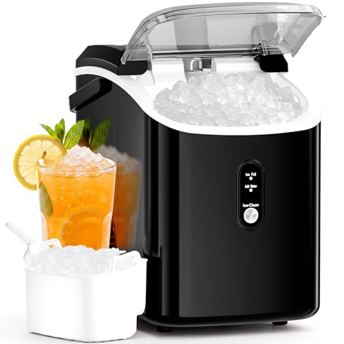 Nugget Countertop Ice Maker with Soft Chewable Pellet Ice, Automatic 34Lbs/24H,Pebble Portable Ice Machine with Ice Scoop, Self-Cleaning, One-Click Operation, for Kitchen,Office, Bar(Highlig