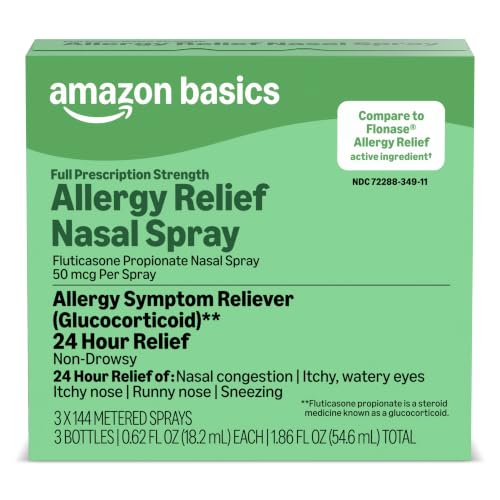 Image of Amazon Basics 24-Hour Allergy Relief Nasal Spray, Fluticasone Propionate (Glucocorticoid) 50 mcg, Full Prescription Strength, Non-Drowsy, 0.62 fl oz (Pack of 3) (Previously Care)
