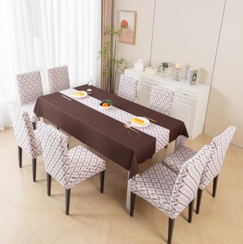 Image of HOMETHREADS Stretchable Elastic Jacquard Chair Seat Cover and Waterproof Dining Table Cover | Removable,Washable & Durable Chair Protector |for Dining Room (F Brown, 8Chairs+1Table Cover (150X250))