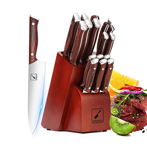Imarku Knife Set, 16-Piece Professional Kitchen Knife Set With Block, Japanese Knife Block Set, German High-Carbon Stainless Steel Knives Set With Knife Sharpener, Dark Red #TOP12