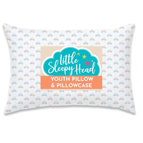 Little Sleepy Head Youth Pillow 16x22 with Hypoallergenic Cotton Pillow case Youth Pillows for Sleeping Age 5-10 - Snugly Designed Youth Neck Pillows for Travel, School and Bedtime - (Bicycles)