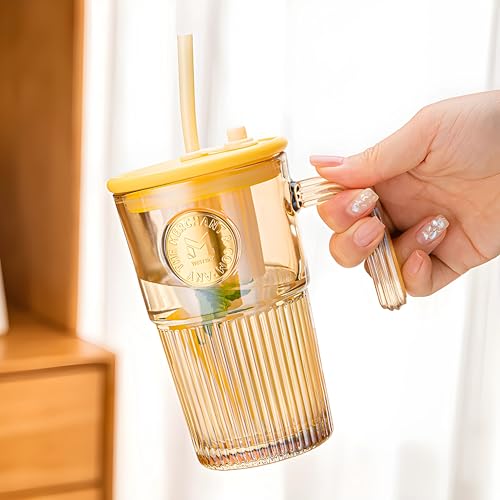 Image of Iridescent Glass Tumbler with Handle Lid and Straw - 530ML, Set of 1, Travel Coffee Sipper Mug Leakproof for Juice Cocktail Iced Tea Smoothie Hot Cold Drink Cup (Receiving Random Color)