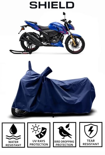 Image of Shield Heavy Duty Bike Cover for Tvs Apache RTR 200 | All-Season, Tear-Proof Fabric | with Side Mirror Pocket & Buckle Belt | Tvs Apache RTR 200 Bike Cover (Blue)