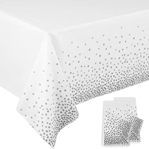 Image of 2Pcs White and Silver Dotted Confetti Party Table Cloth 54 * 108 inch Large Plastic Waterproof Table Cover Rectangular Tablecloth for Birthday,Baby Shower,Wedding,Picnic,Party Decoration