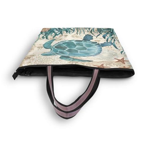 Image of Women Turtle Tote Bag Polyester Handbag Zippered Tote Bag Turtle Tote Purses,Summer Beach Tote Bag