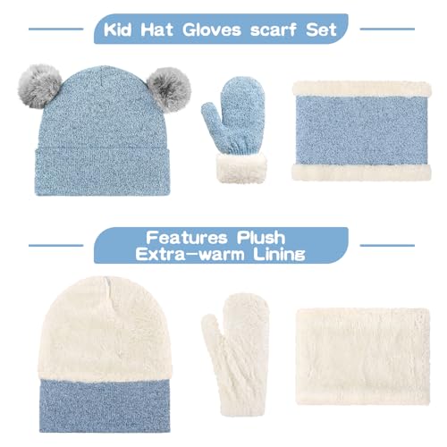 Kid Beanie Hat Scarf Gloves Set Warm Knit Beanie with Pom Poms Neck Warmer Mittens for Boys Girls 3-7 Years4